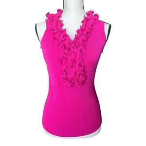 VILA MILANO Medium Hot Pink Knit Sleeveless Top with V-neck with Cascade Ruffles